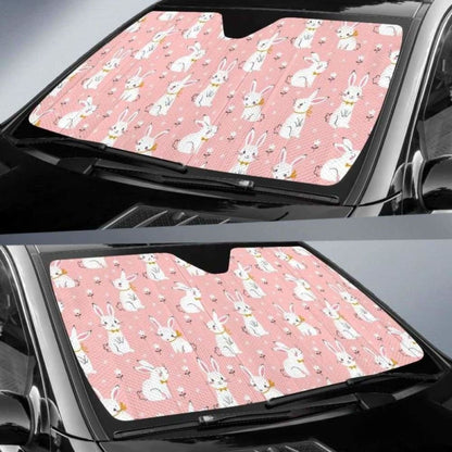 Cute White Rabbit Flower Pink Background Car Auto Sun Shades
