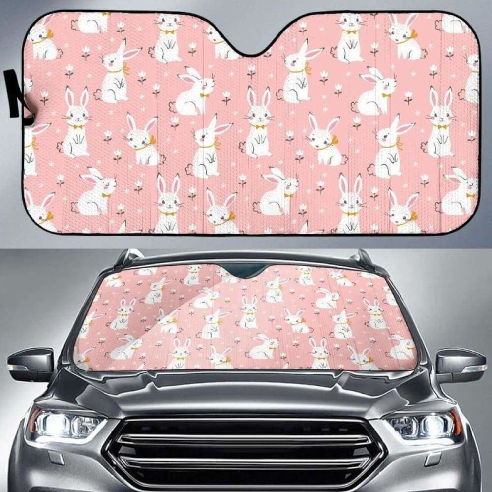 Cute White Rabbit Flower Pink Background Car Auto Sun Shades