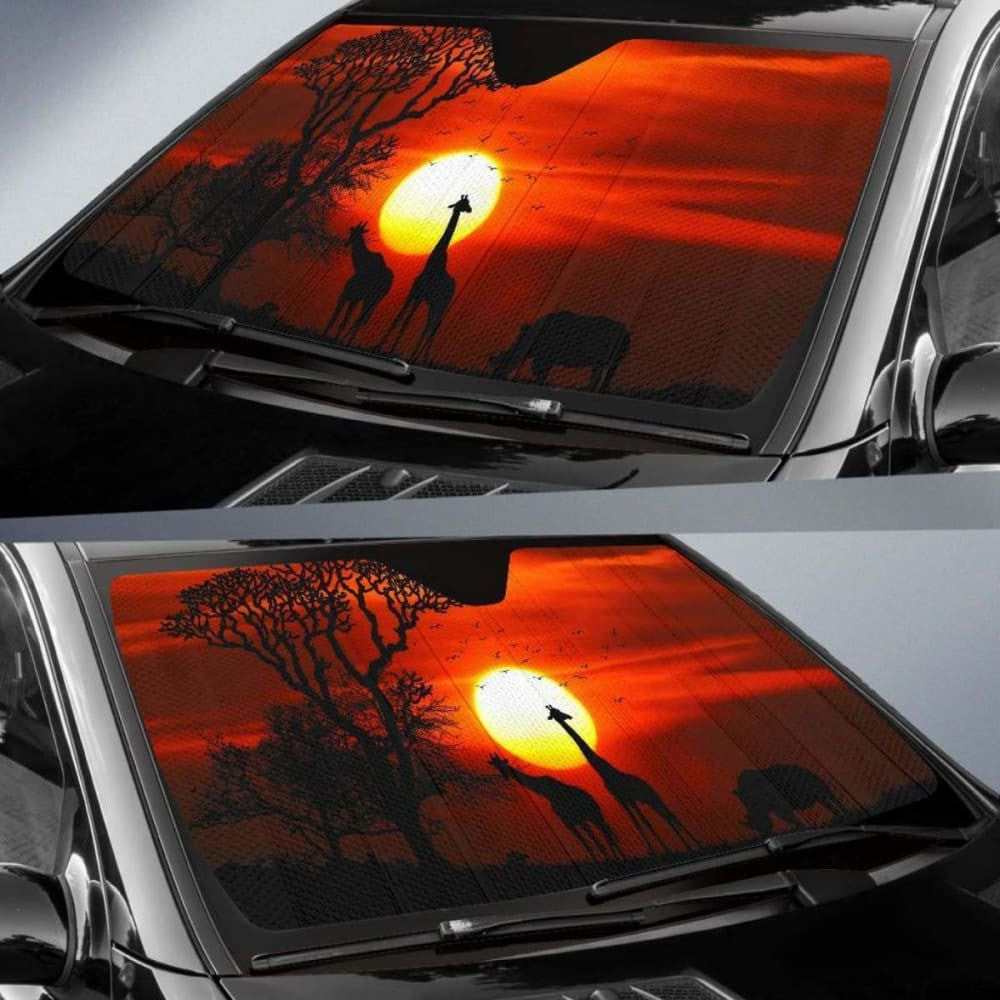 Sunset Giraffe Rhinoceros Silhouette Hd Car Sun Shade