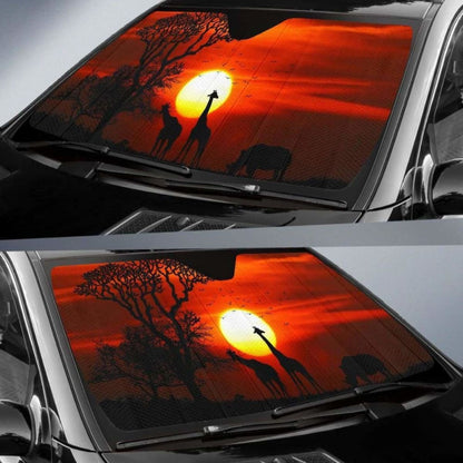 Sunset Giraffe Rhinoceros Silhouette Hd Car Sun Shade
