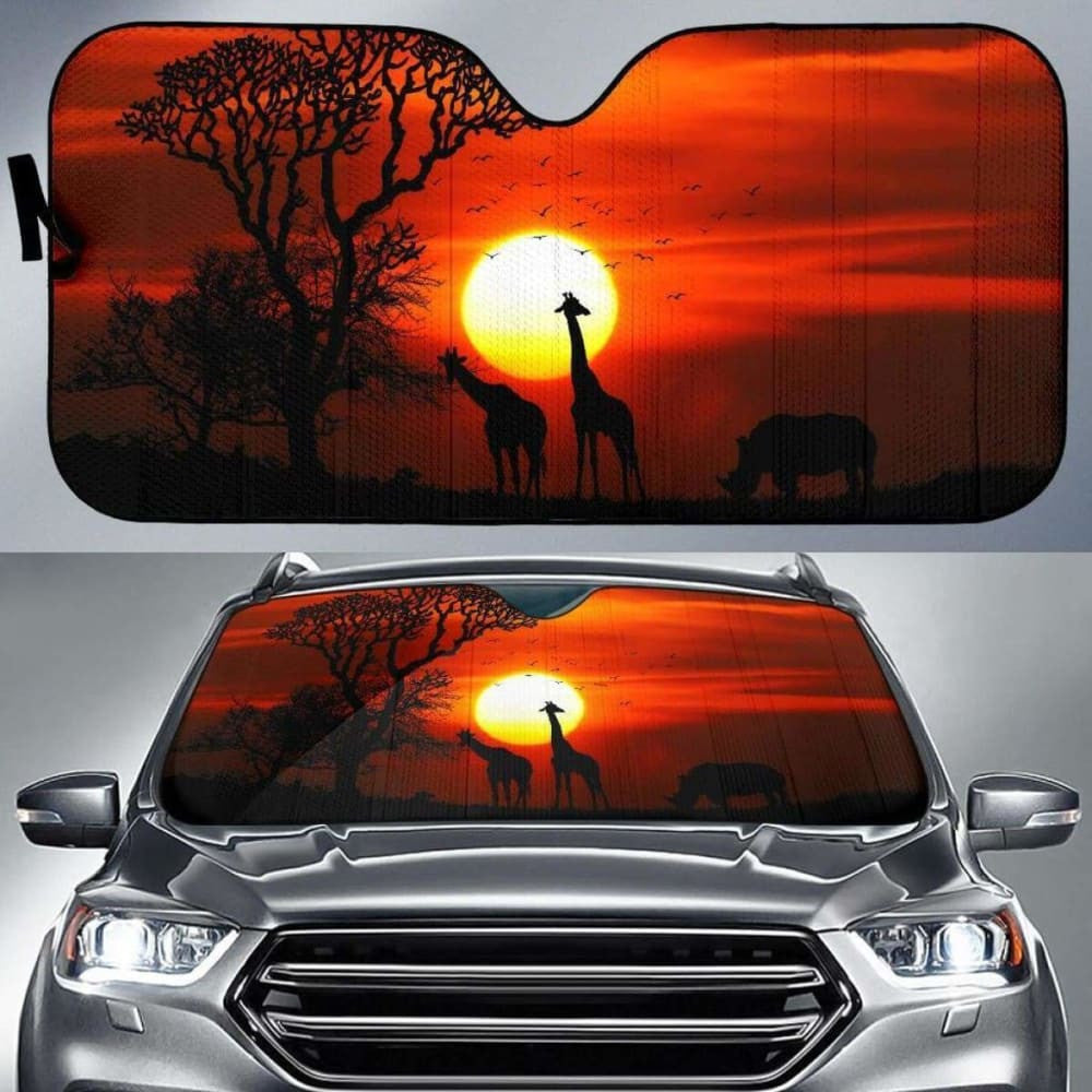 Sunset Giraffe Rhinoceros Silhouette Hd Car Sun Shade