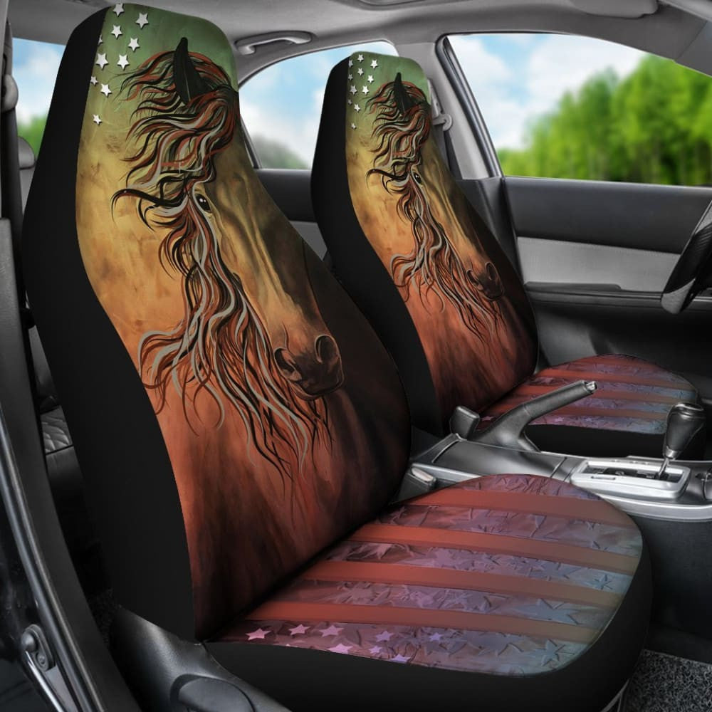 Abstract Horse Usa Flag -Universal Front Seat Covers Protection Decoration