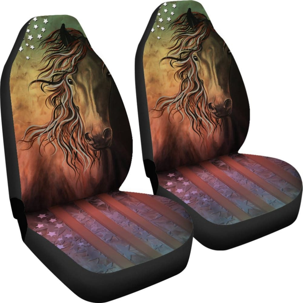 Abstract Horse Usa Flag -Universal Front Seat Covers Protection Decoration