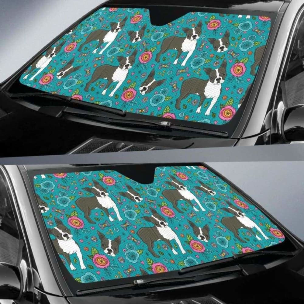 Boston Terrier Beautiful Flower Pattern Car Auto Sun Shades