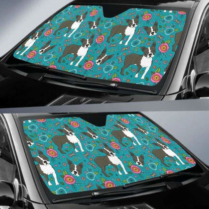 Boston Terrier Beautiful Flower Pattern Car Auto Sun Shades