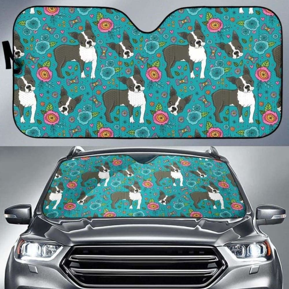 Boston Terrier Beautiful Flower Pattern Car Auto Sun Shades