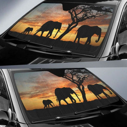 African Savanna Elephants Sunset Silhouette Car Sun Shade