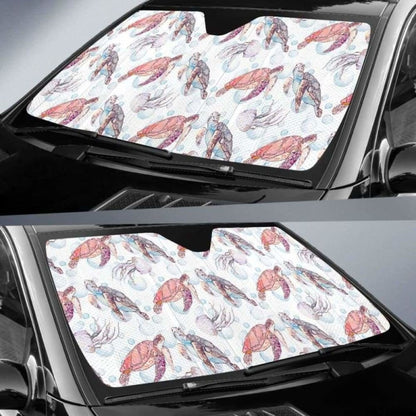 Watercolor Sea Turtle Jellyfish Pattern Car Auto Sun Shades
