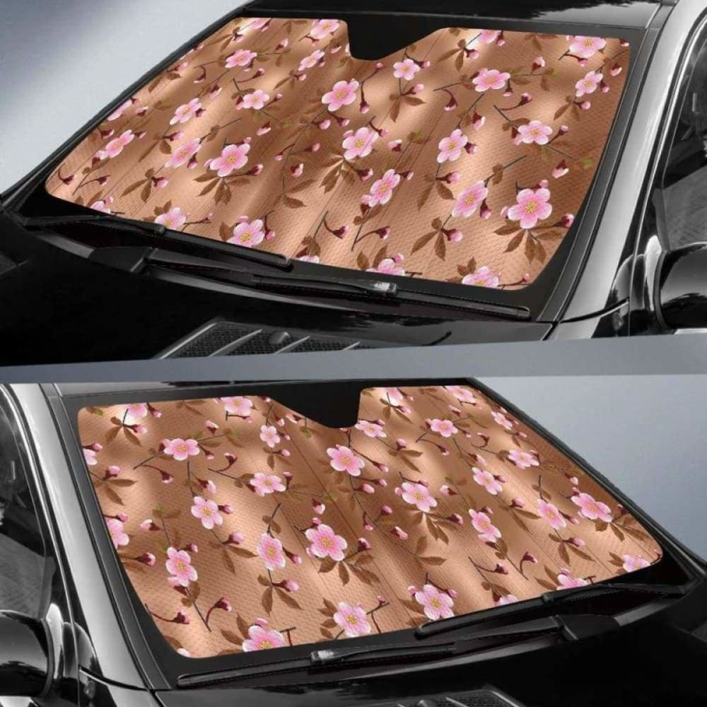 Pink Sakura Cherry Blossom Drak Brown Background Car Auto Sun Shades