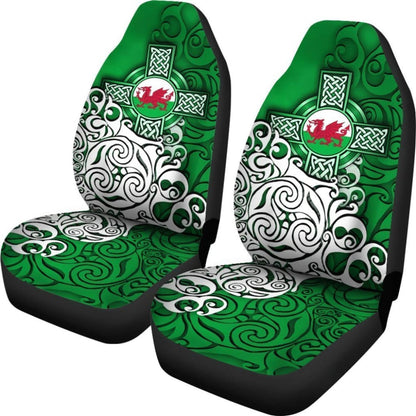 Wales Celtic Car Seat Covers - Welsh Dragon Flag With Celtic Cross (Green)