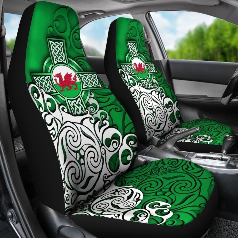 Wales Celtic Car Seat Covers - Welsh Dragon Flag With Celtic Cross (Green)