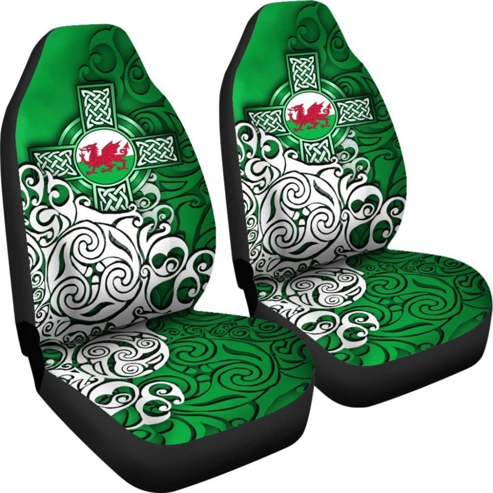 Wales Celtic Car Seat Covers - Welsh Dragon Flag With Celtic Cross (Green)