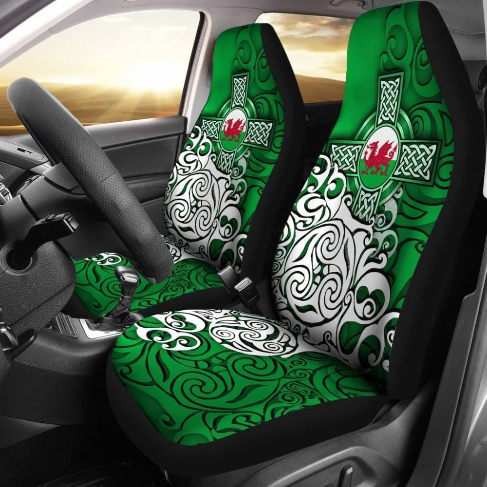 Wales Celtic Car Seat Covers - Welsh Dragon Flag With Celtic Cross (Green)