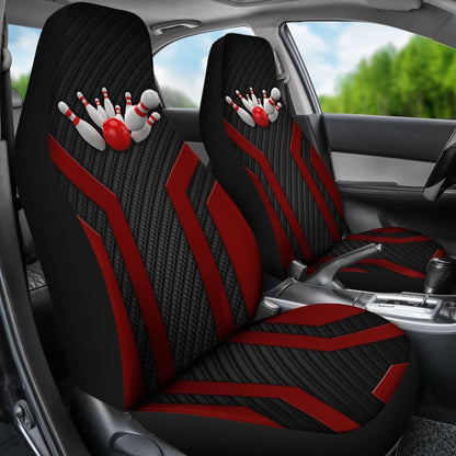 Bowling Metallic Style Printed Black Red Themed Car Seat Covers
