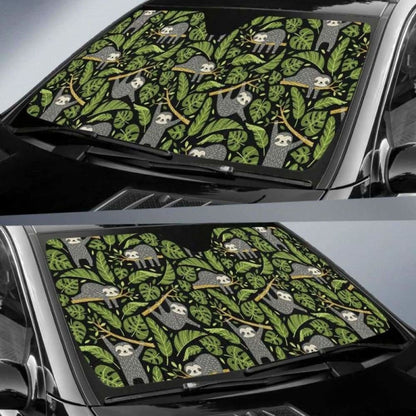 Cute Sloths Tropical Palm Leaves Black Background Car Auto Sun Shades