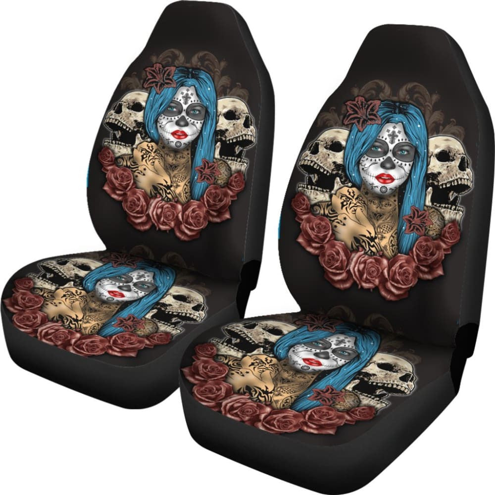 Blue Hair Sugar Skull Seat Covers