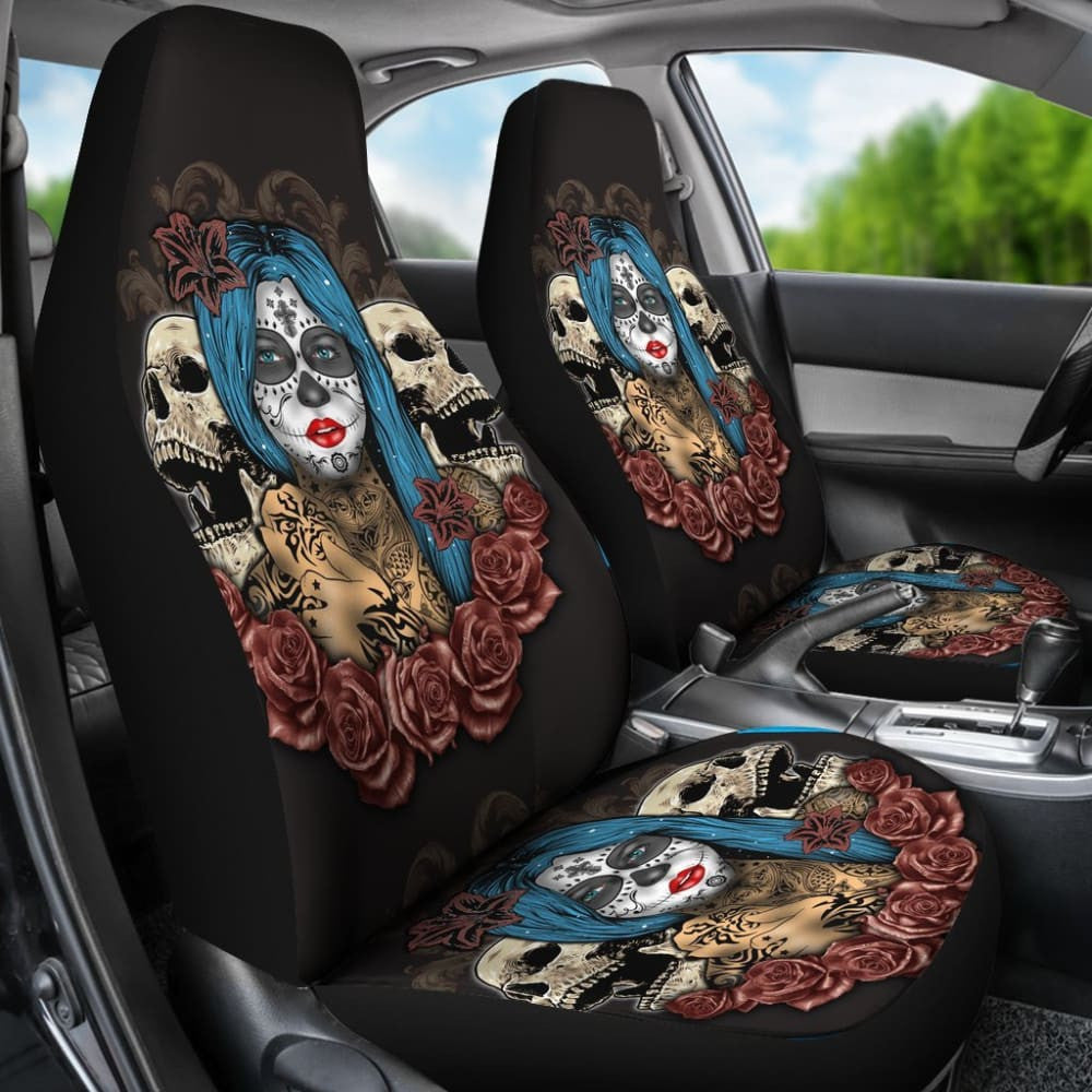 Blue Hair Sugar Skull Seat Covers