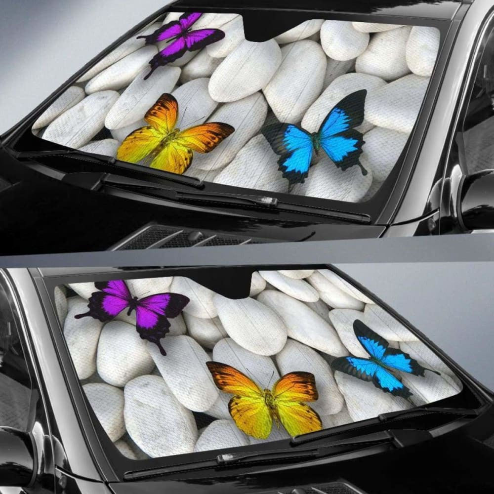 Colorful Butterflies White Stones Hd Car Sun Shade
