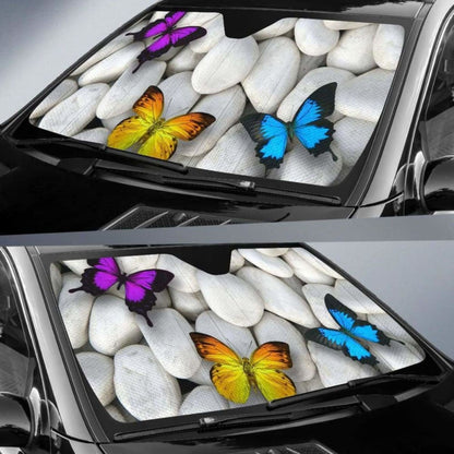 Colorful Butterflies White Stones Hd Car Sun Shade