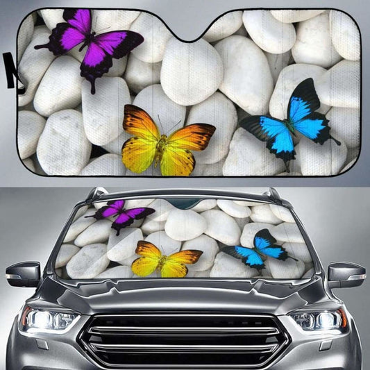 Colorful Butterflies White Stones Hd Car Sun Shade