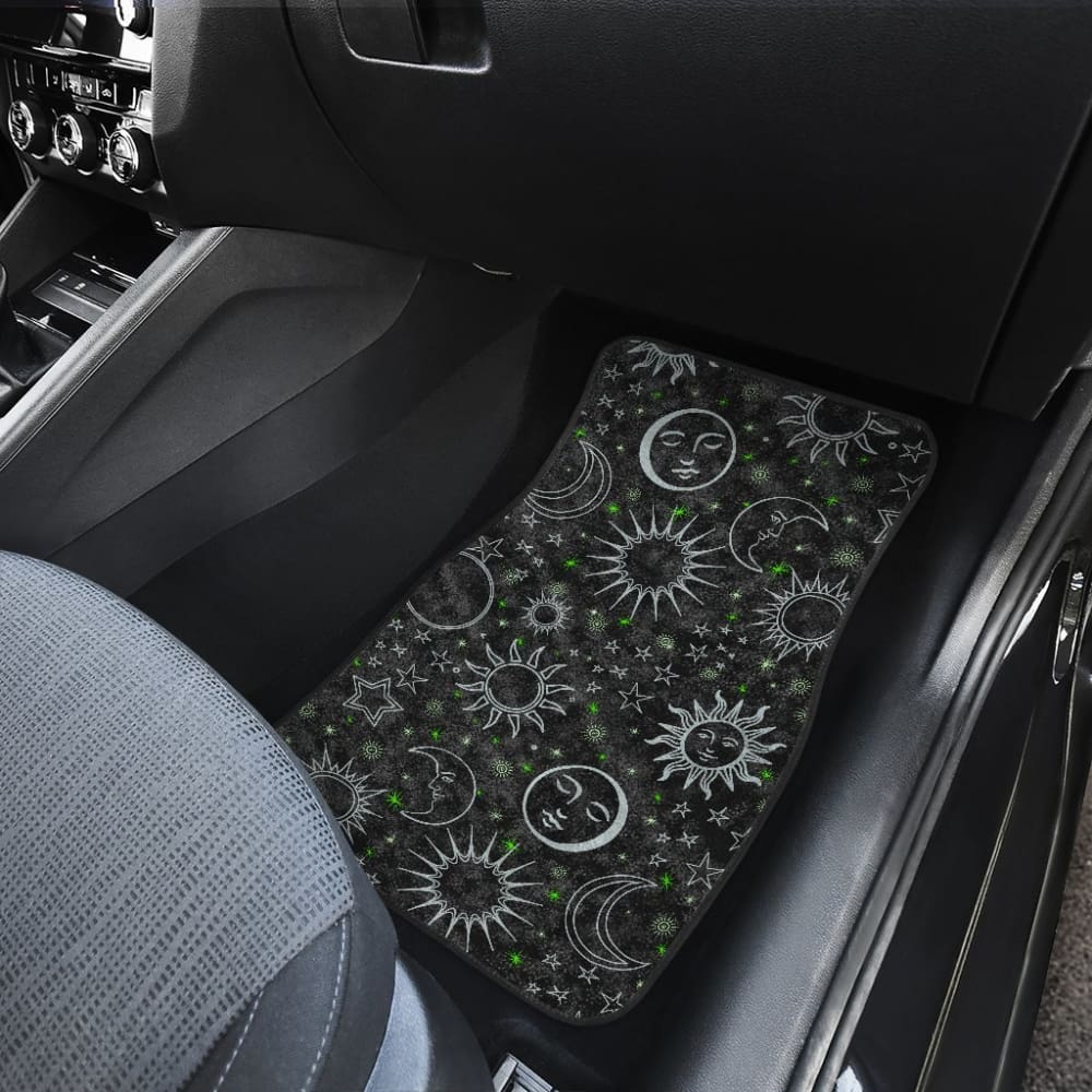 B&W Celestial With Green Stars Front And Back Car Mats