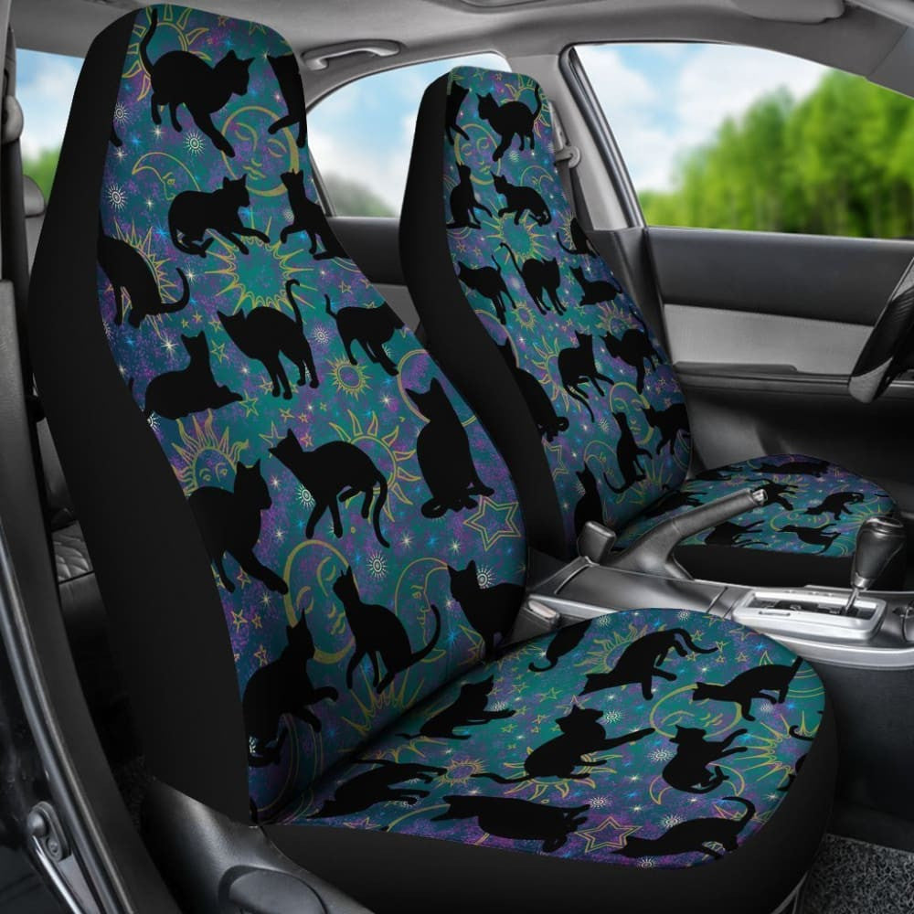 Teal Celestial Stars Moons Suns With Black Cats Silhouettes Car Seat Covers