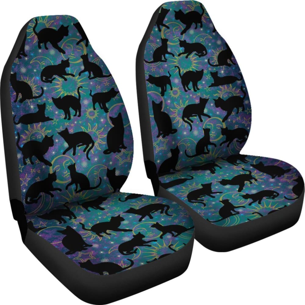 Teal Celestial Stars Moons Suns With Black Cats Silhouettes Car Seat Covers