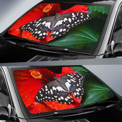 Butterfly Bright Red Hibiscus Bloom Car Sun Shade