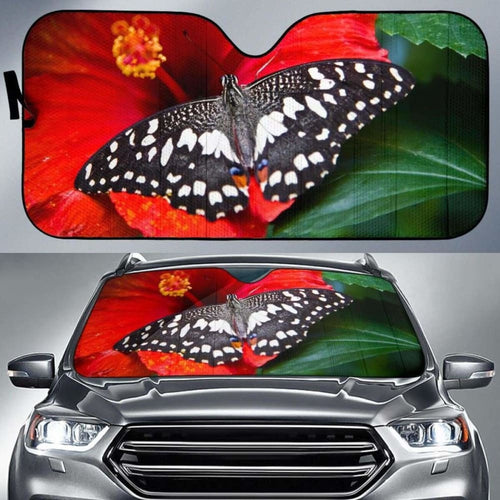 Butterfly Bright Red Hibiscus Bloom Car Sun Shade