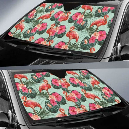 Beautiful Flamingo Tropical Palm Leaves Hibiscus Pateern Background Car Auto Sun Shades