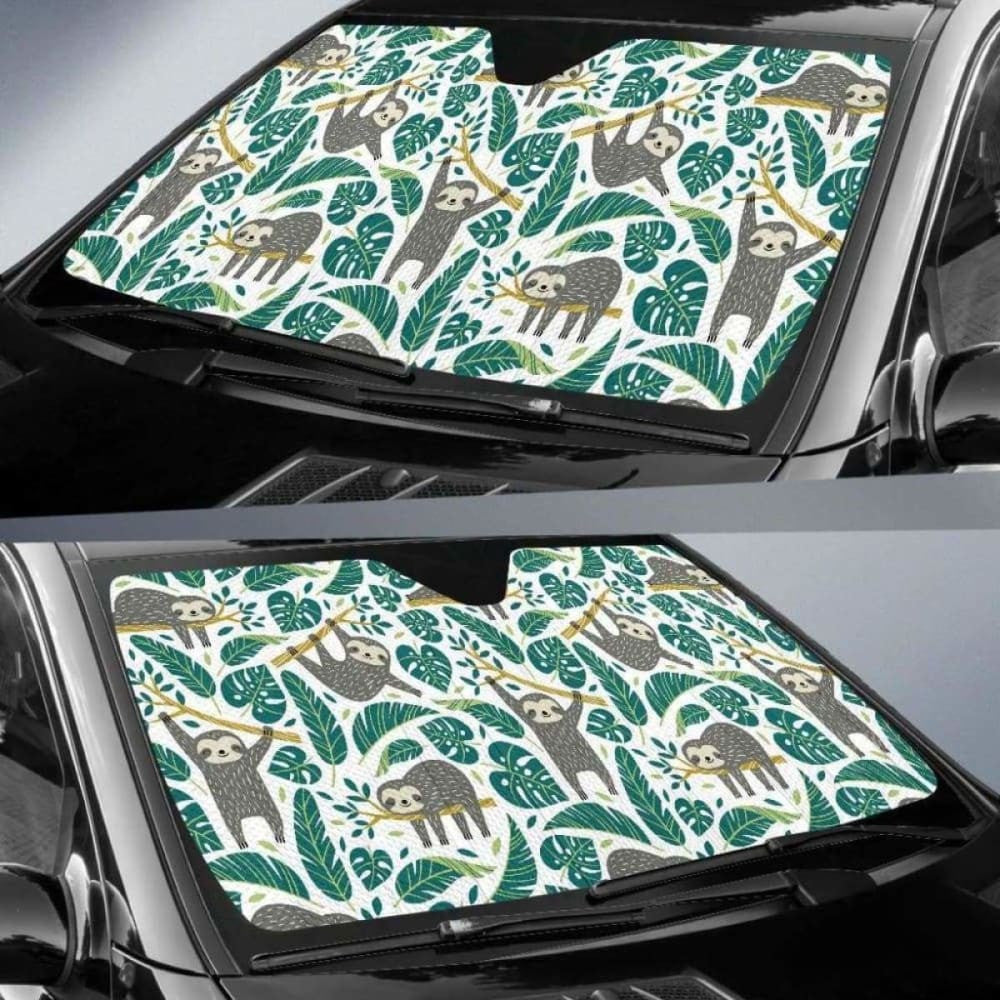 Cute Sloths Tropical Palm Leaves White Background Car Auto Sun Shades