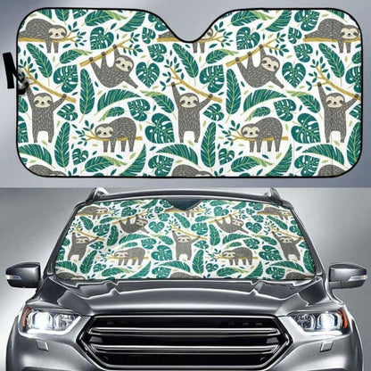 Cute Sloths Tropical Palm Leaves White Background Car Auto Sun Shades