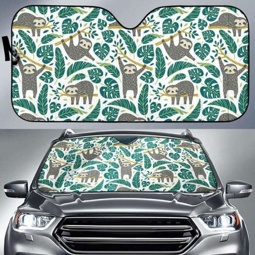 Cute Sloths Tropical Palm Leaves White Background Car Auto Sun Shades