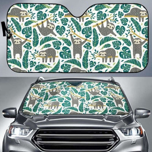 Cute Sloths Tropical Palm Leaves White Background Car Auto Sun Shades