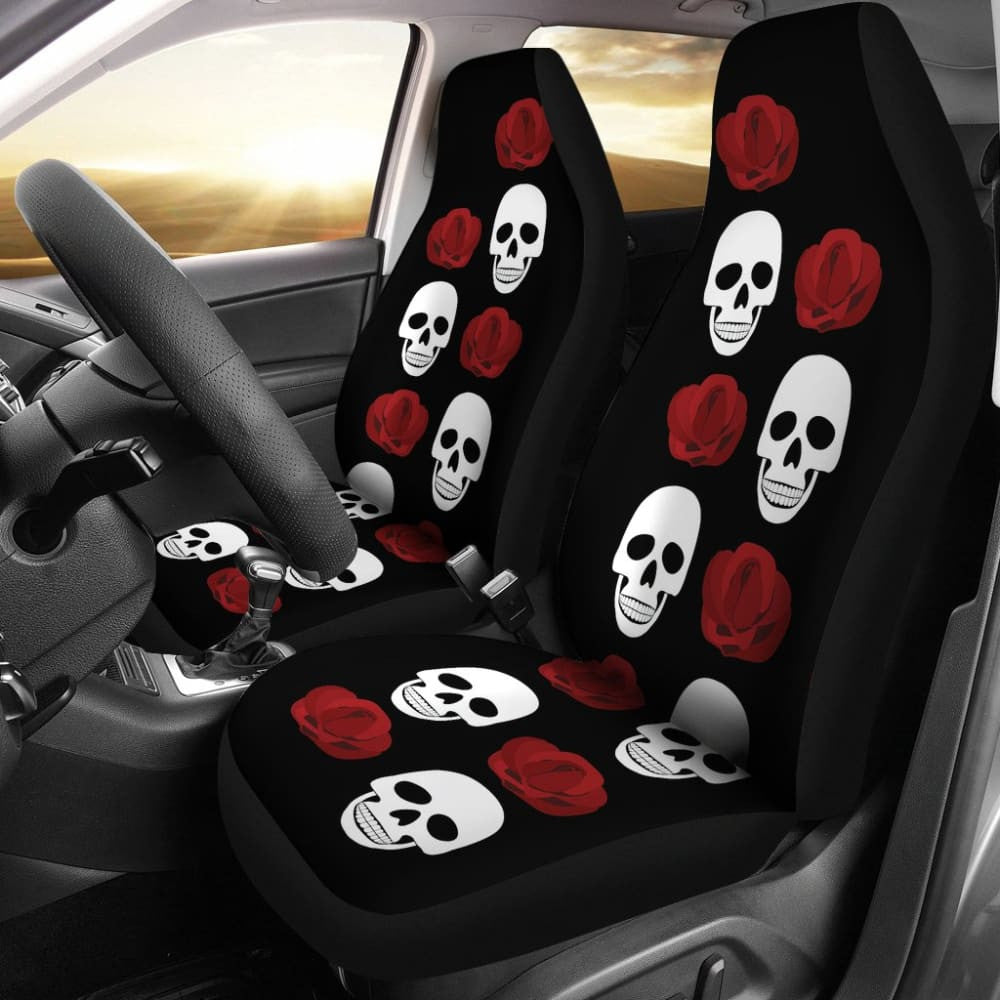 Black With Large Skulls And Roses Car Seat Covers
