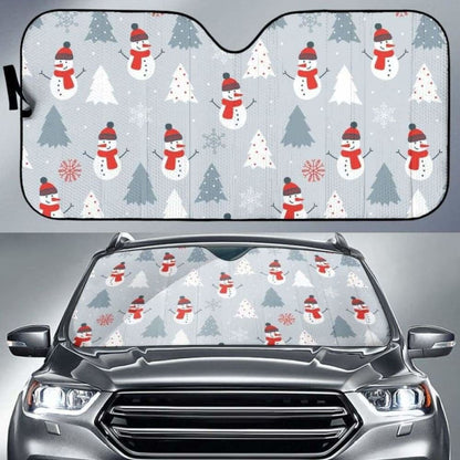 Snowman Christmas  Tree Snow Gray Background Car Auto Sun Shades