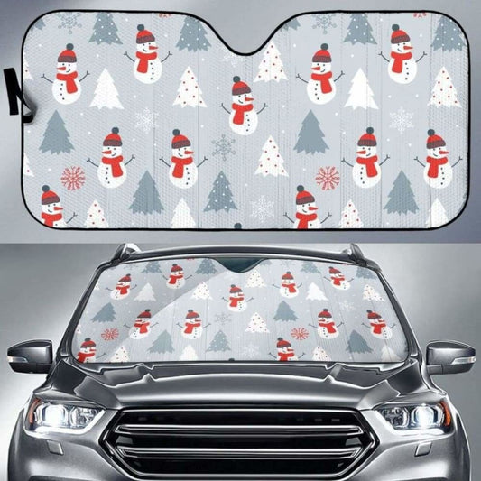 Snowman Christmas  Tree Snow Gray Background Car Auto Sun Shades