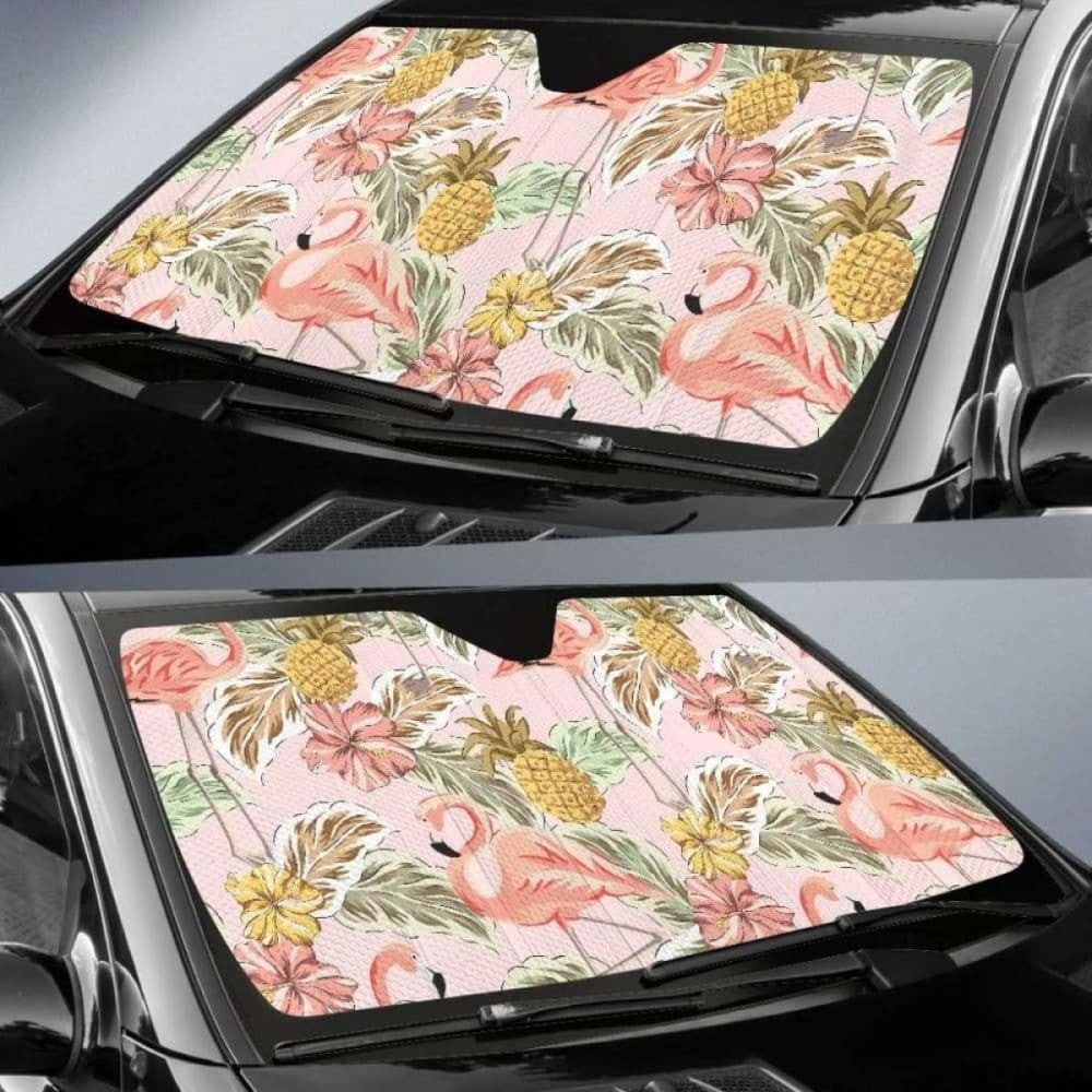 Pink Flamingo Birds Pineapples Hibiscus Flower Pattern Car Auto Sun Shades