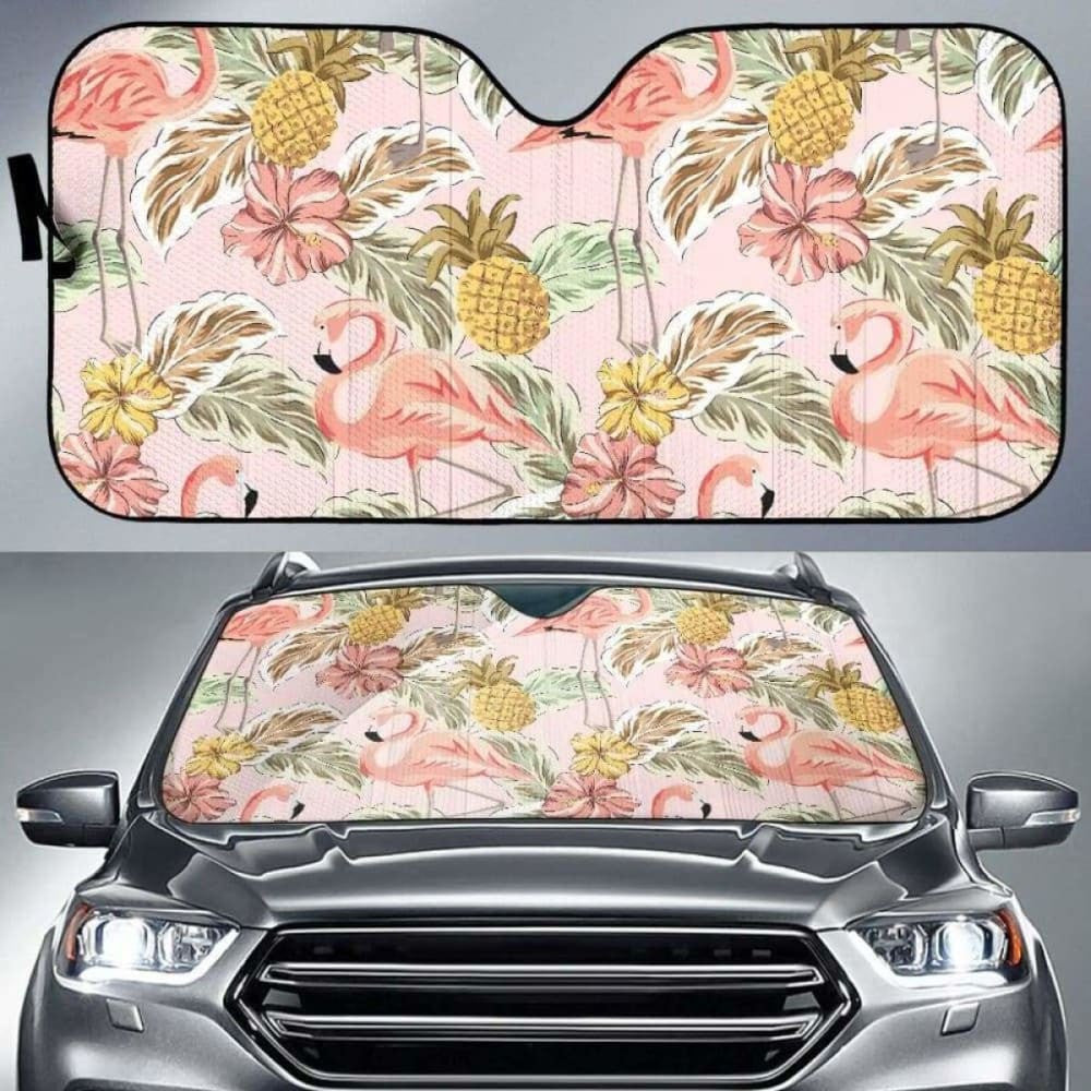 Pink Flamingo Birds Pineapples Hibiscus Flower Pattern Car Auto Sun Shades