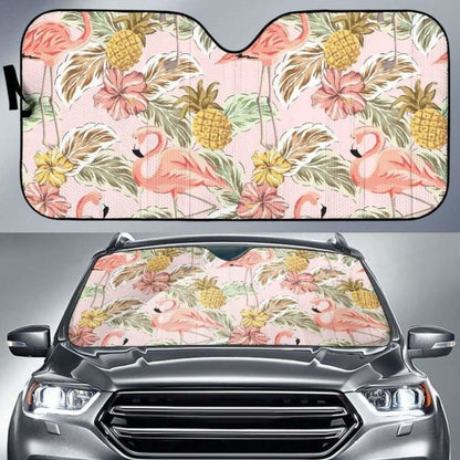 Pink Flamingo Birds Pineapples Hibiscus Flower Pattern Car Auto Sun Shades