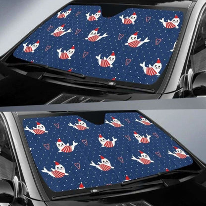 Cute Sea Lion Seal Christmas Hat Candy Cane Heart Pattern Car Auto Sun Shades