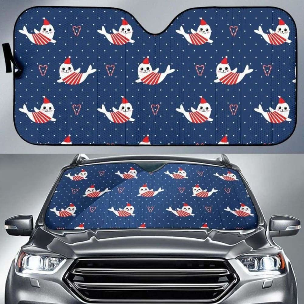 Cute Sea Lion Seal Christmas Hat Candy Cane Heart Pattern Car Auto Sun Shades