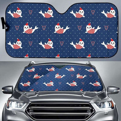 Cute Sea Lion Seal Christmas Hat Candy Cane Heart Pattern Car Auto Sun Shades