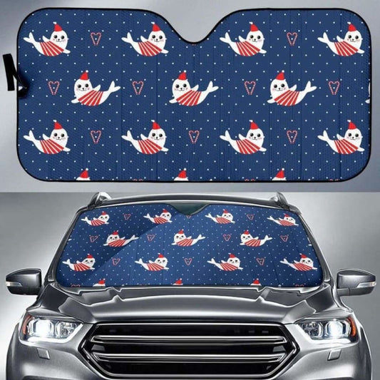 Cute Sea Lion Seal Christmas Hat Candy Cane Heart Pattern Car Auto Sun Shades