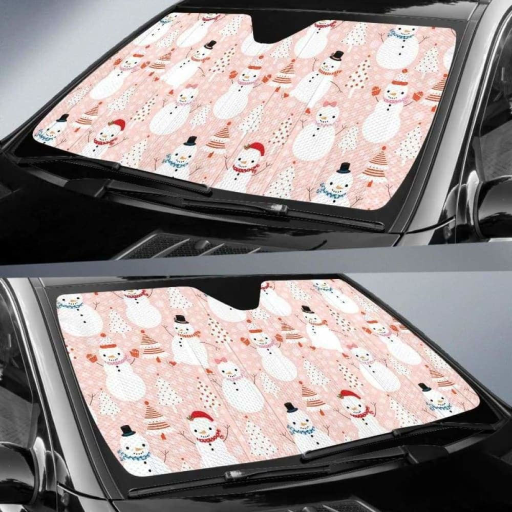 Cute Snowman Christmas Tree Snowpink Background Car Auto Sun Shades