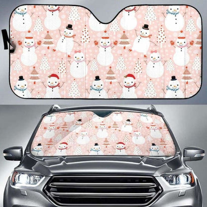 Cute Snowman Christmas Tree Snowpink Background Car Auto Sun Shades