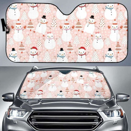 Cute Snowman Christmas Tree Snowpink Background Car Auto Sun Shades