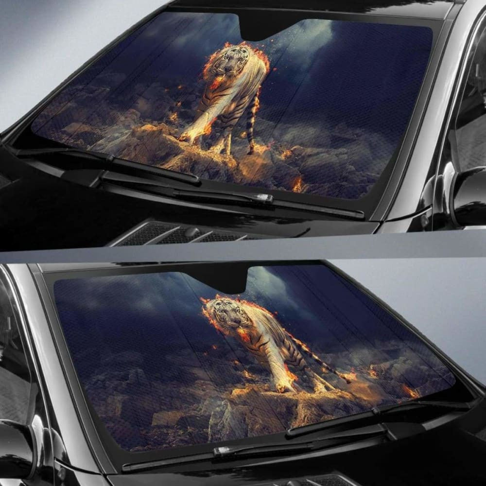 White Tiger Fire Cgi Hd Car Sun Shade