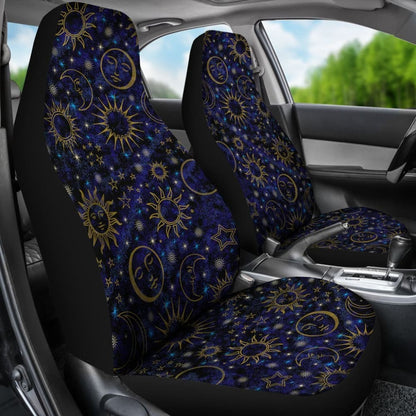 Celestial Night Sky Black Blue Gold Suns Moons Stars Car Seat Covers