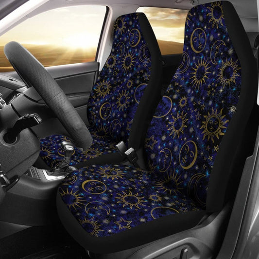 Celestial Night Sky Black Blue Gold Suns Moons Stars Car Seat Covers